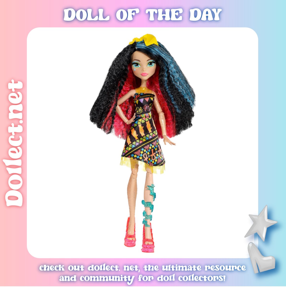 Dollect_net's tweet photo. Today's Doll of the Day is Electrified Hair Raising Ghouls Cleo de Nile, a Monster High Generation 2 doll released by Mattel in 2017. She was nominated by an anonymous user. (September 29th, 2026) https://t.co/UPFzvZyhKa