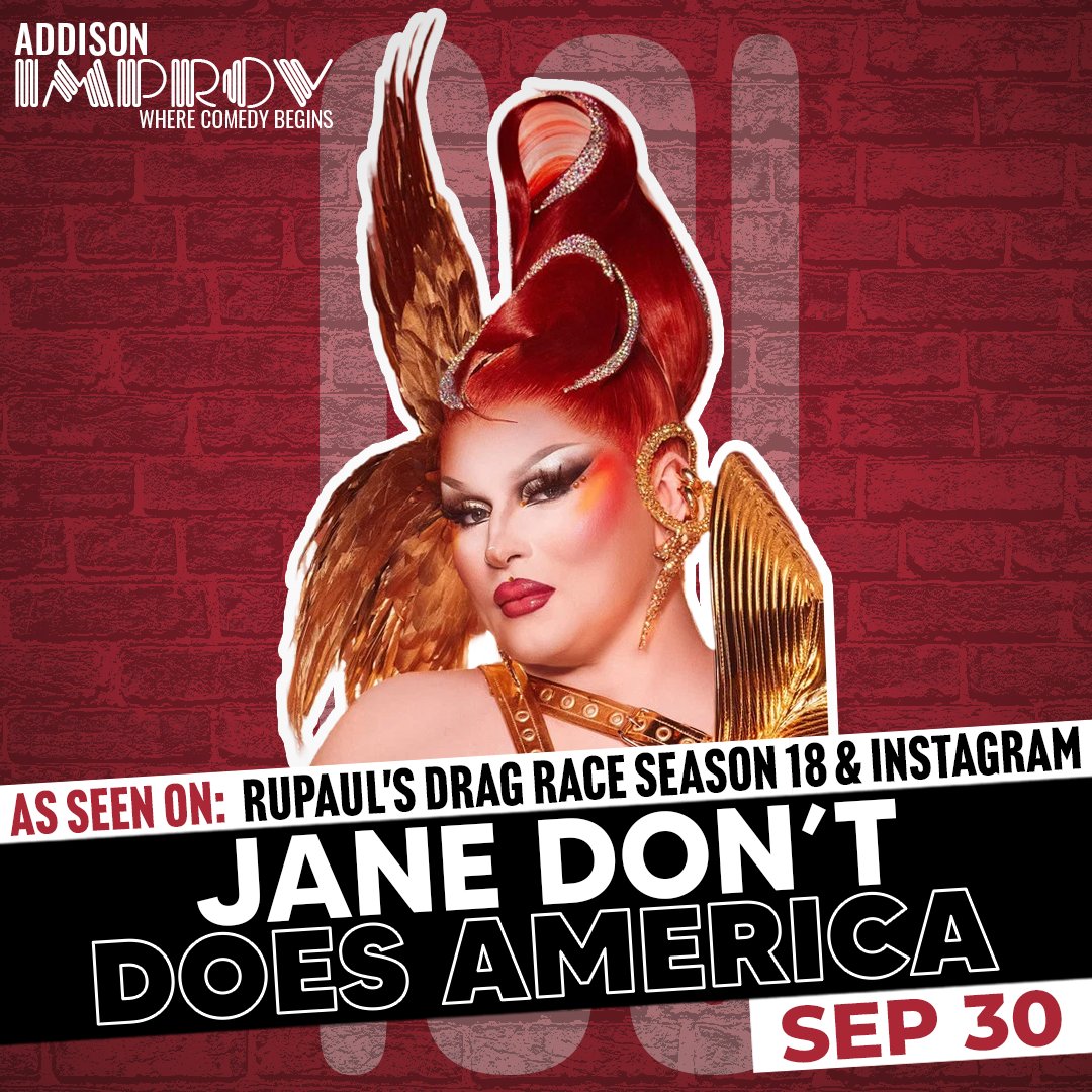 AddisonImprov's tweet photo. @heyjanedont #JaneDont is here in #Dallas at our #Addison club tomorrow for ONE NIGHT ONLY and she's about to sell out! Get tickets with the link in our bio and never miss this RuPaul's Drag Race all-star in action! https://t.co/C5YD970HDM
