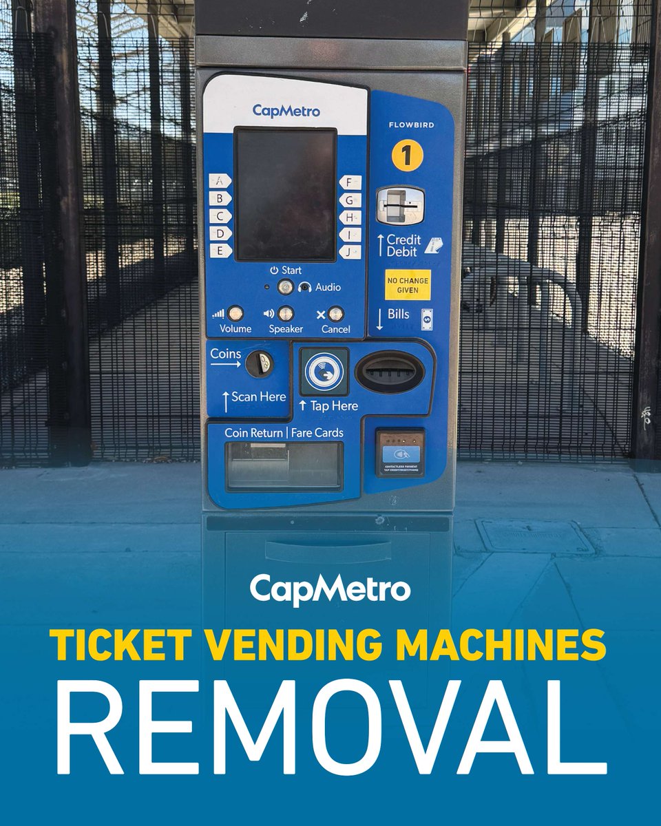 CapMetroATX's tweet photo. If your go-to way to pay for your fare is a Ticket Vending Machine, we have an update for you.

Starting soon, CapMetro will begin removing TVMs from bus stations and transit centers. We're updating the way customers pay for transit, with options like the Umo App, Tap to Pay on bus and CapMetro Reloadable Fare Cards.

TVMs will remain at Rail stations, with one TVM available at each platform after today.

Learn more about your fare payment options: https://t.co/rHFMqUUqi6