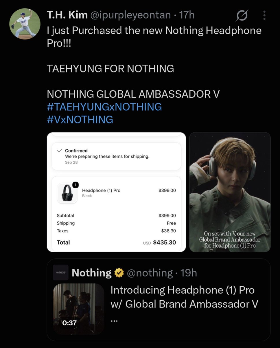 godthvs's tweet photo. its not even been a full day since #TaehyungxNothing was announced and i've already seen so many fans buy the new headphones, thv fans don't play about him at all! https://t.co/6j7vAf308M