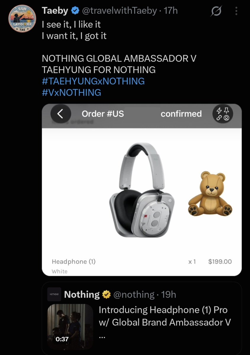 godthvs's tweet photo. its not even been a full day since #TaehyungxNothing was announced and i've already seen so many fans buy the new headphones, thv fans don't play about him at all! https://t.co/6j7vAf308M