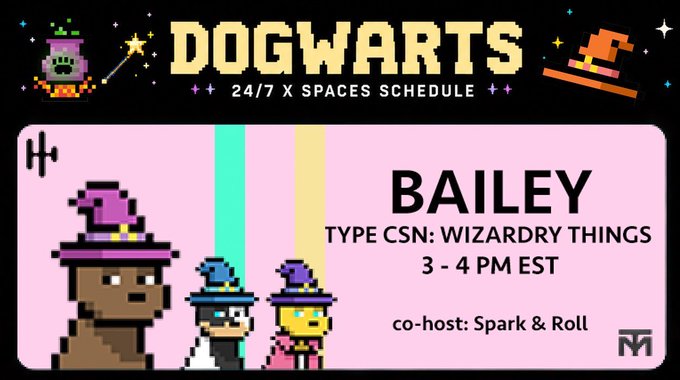 A pixel art promotional graphic for "DOGWARTS 24/7 X SPACES SCHEDULE" featuring a section for "BAILEY" with "TYPE CSN: WIZARDRY THINGS" scheduled "3 - 4 PM EST" co-hosted by Spark & Roll.
