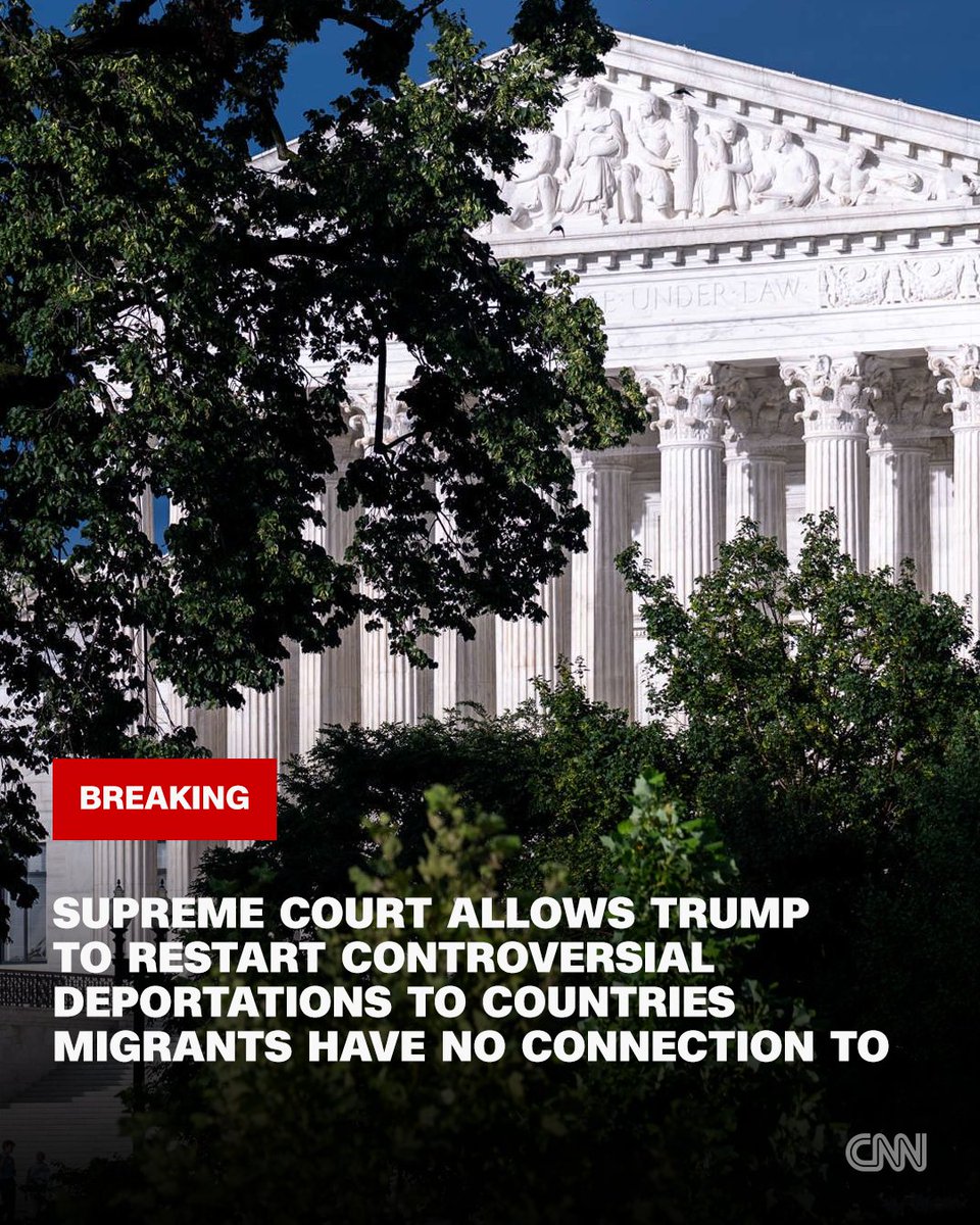 cnnbrk's tweet photo. The Supreme Court allowed the Trump administration to restart its program of removing migrants to countries other than their homeland without giving them an opportunity to raise human rights concerns.

The court said it would hear arguments in the case later this year. https://t.co/bVKk30HD6T