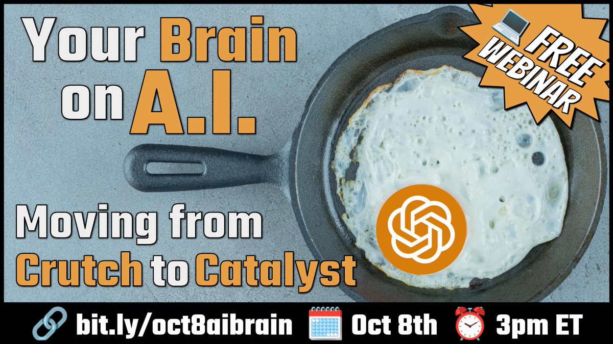 ericcurts's tweet photo. 🍳 Upcoming Webinar - Your Brain on AI: Moving from Crutch to Catalyst - https://t.co/x1rlbBFeXQ

🤖 AI overreliance hurts critical thinking
💪 Wrestle, Rap, Reflect helps students learn with AI
🗓️ Oct 8 @ 3pm ET
▶️ Live-streamed &amp; recorded
✅ Register at link above

#EdTech https://t.co/T9uEKQ9yvb