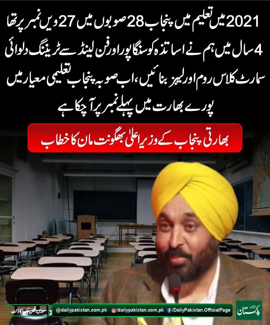 irumrae's tweet photo. 2021 میں تعلیم میں پنجاب 28 صوبوں میں 27 ویں نمبر پر تھا، 4 سال میں ہم نے اساتذہ کو سنگاپور اور فن لینڈ سے ٹریننگ دلوائی، سمارٹ کلاس روم اور لیبز بنائیں، اب صوبہ پنجاب تعلیمی معیار میں پورے بھارت میں پہلے نمبر پر آچکا ہے، بھارتی پنجاب کے وزیر اعلیٰ بھگونت مان کا خطاب https://t.co/X7al5bOcTK