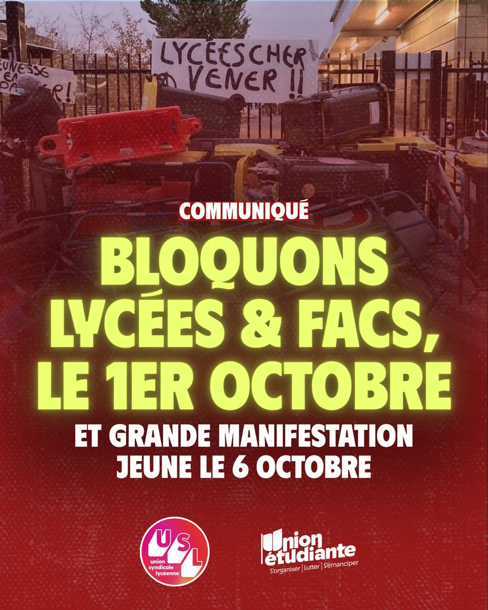 unionetudiante_'s tweet photo. Avec @USLSyndicat nous appelons à bloquer l’ensemble des lycées et universités ce jeudi 1er octobre ! 

Ainsi qu’à une grande mobilisation de la jeunesse ce mardi 6 octobre.

Notre communiqué ⤵️ https://t.co/N4aKKBtiZ2