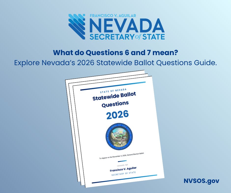 NVSOS's tweet photo. Nevada’s 2026 Ballot Question Guide is now available! Get clear, nonpartisan information on statewide Questions 6 and 7, including arguments for and against, plus six local ballot questions. New: ASL translations of Questions 6 and 7.
More: https://t.co/gyOjsPFL9F https://t.co/ECST5BxKU4