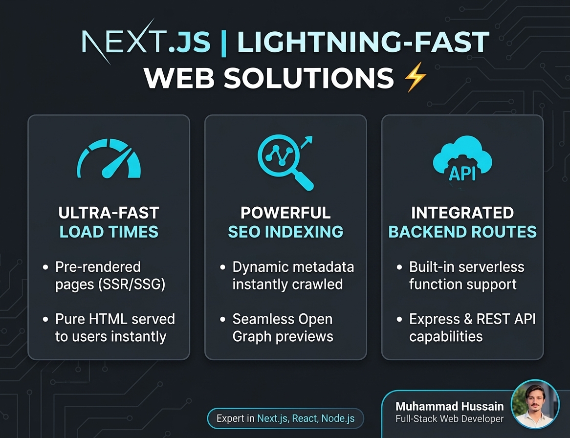 MHussain_WebDev's tweet photo. Why Next.js &amp; SSR are essential for high-converting business sites

1. Ultra-fast page loads (SSR/SSG) 
2. Built-in SEO optimization &amp; dynamic metadata 
3. Integrated backend API routes

Check out my Next.js portfolio: https://t.co/5ys1Elc8nZ
#WebDevelopment  #NextJS  #ReactJS https://t.co/1qMwuEK64i
