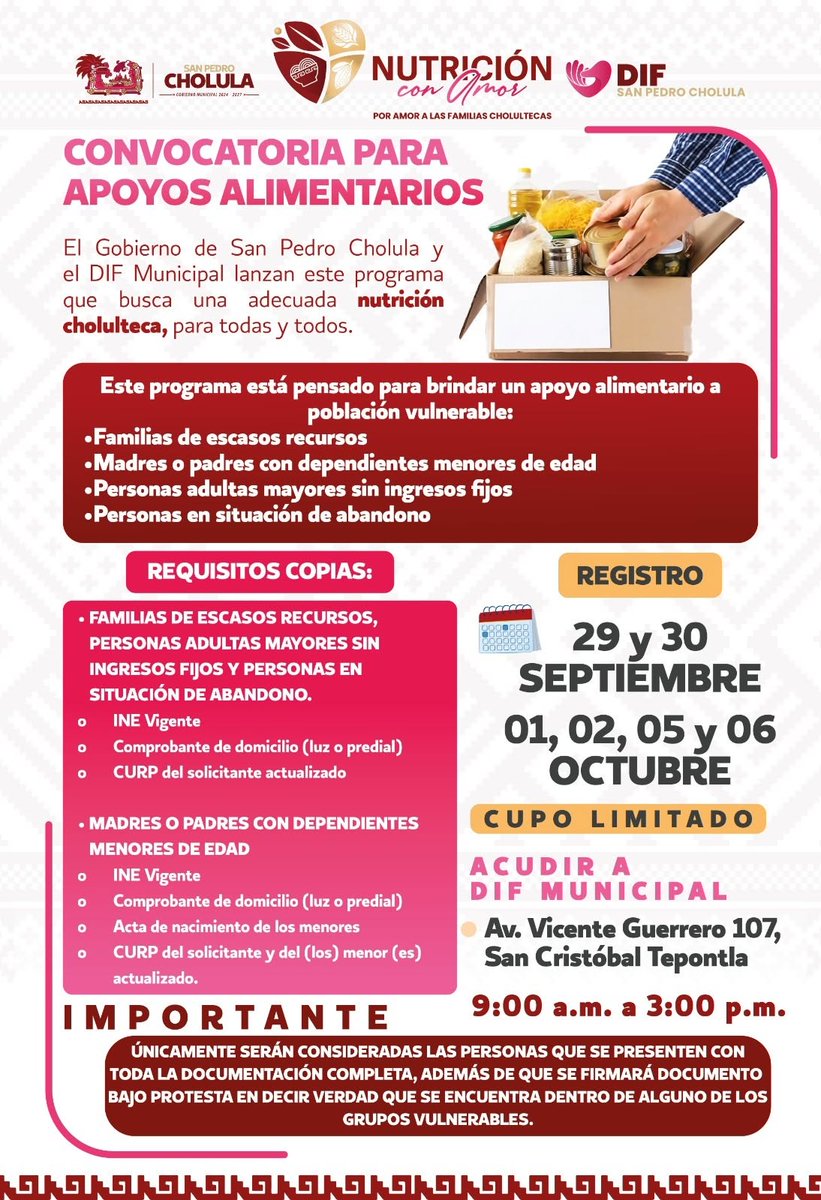 TodoCholulaMX's tweet photo. ❤️ Nutrición con Amor apoyará a 1,000 familias cholultecas en situación de vulnerabilidad.
📅 Registro: 29 y 30 de septiembre; 1, 2, 5 y 6 de octubre
🕘9:00–15:00 h
📍DIF Municipal, Av. Vicente Guerrero 107, San Cristóbal Tepontla.
Lleva tu documentación completa. ¡Cupo limitado! https://t.co/NOVyhYZpjg