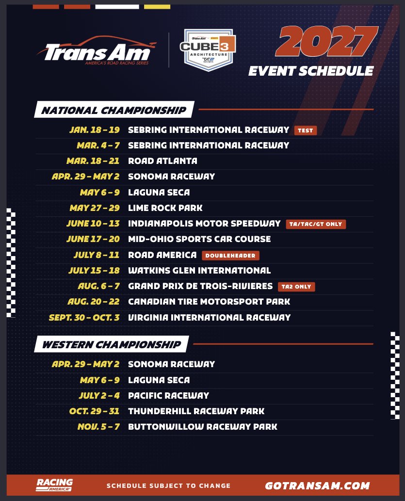 TeamSilverHare's tweet photo. Officially Official👀

Take a look at the CUBE3 Architecture TA2 Series Schedule for 2027

#TeamSilverHare | @GoTransAm https://t.co/kPoOoKGJTw