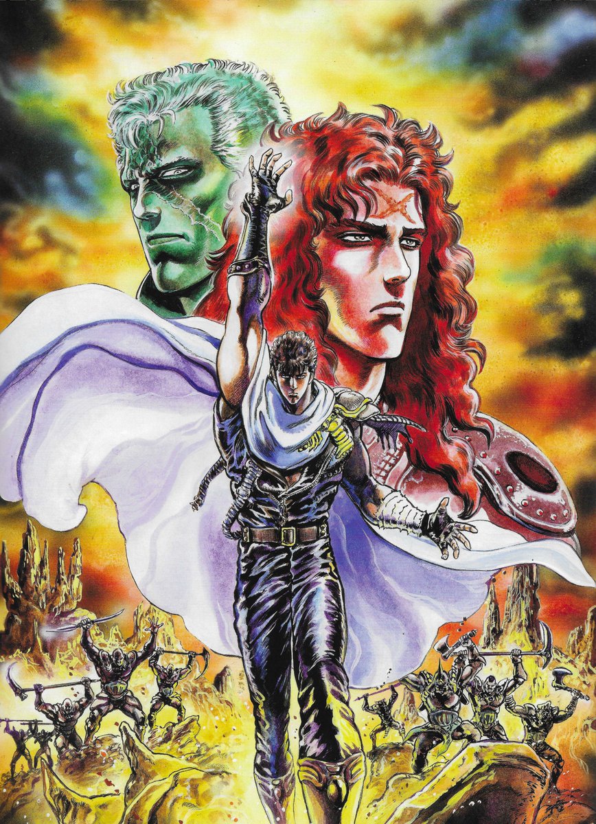 falco199x's tweet photo. Deux illustrations de Tetsuo Hara pour la dernière partie de la saga : Kenshirō, Hyoh et Kaioh réunis sur la couverture du tome 24 de l'édition Jump Comics, puis Kenshirō et Ryū en selle sur Kokuō, illustration parue en couverture du Weekly Shōnen Jump n° 7 de 1988. #hokutonoken #北斗の拳