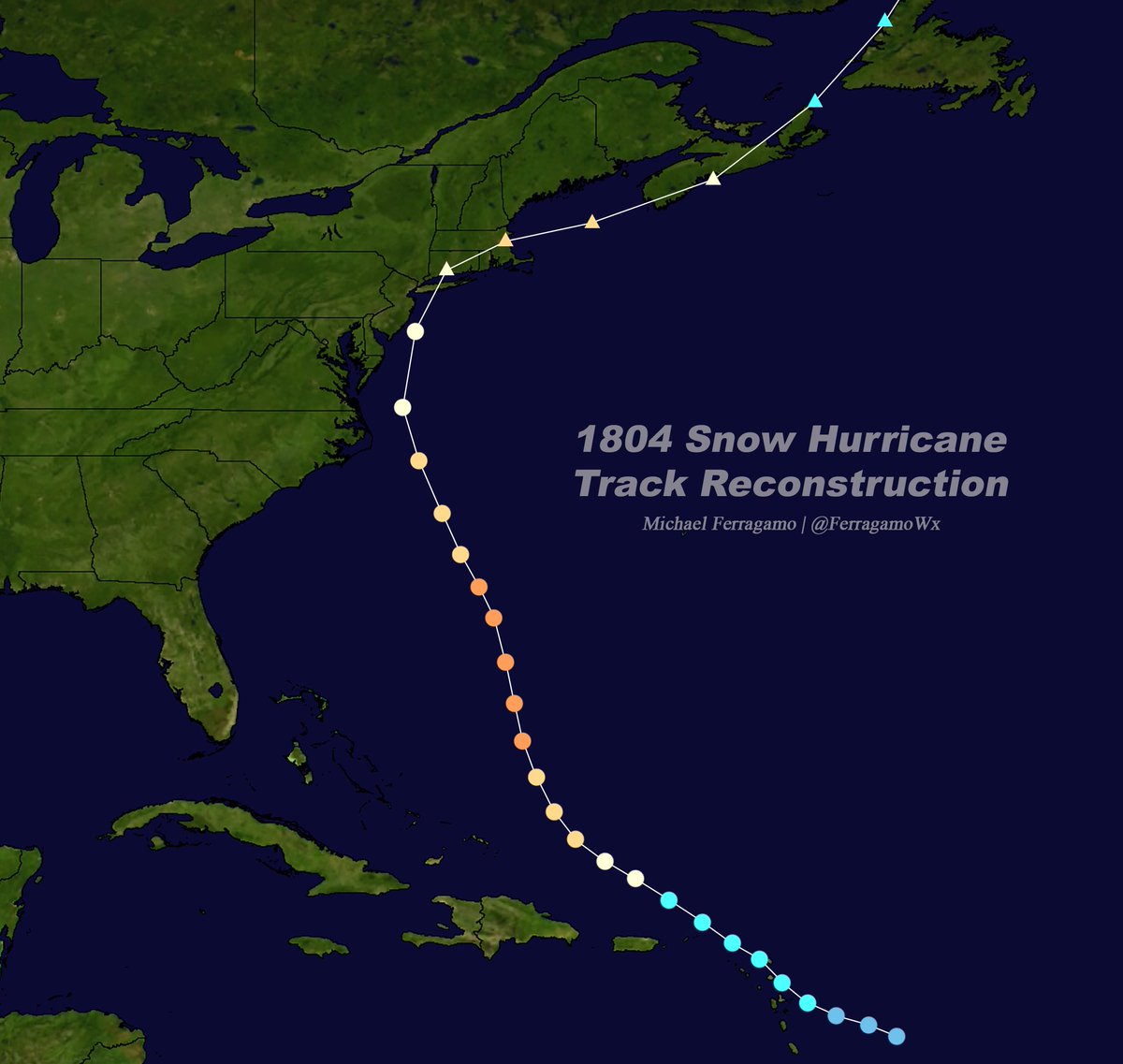 FerragamoWx's tweet photo. My next documentary will feature the 1804 Snow Hurricane. "People felt as if they were in a strange place."

It's notable for dumping 7" of rain in Massachusetts, while nearby Vermont saw 48" of snow. While likely transitioning into an extratropical storm, it restrengthened over Boston to 110 mph, causing major damage. Eastern MA residents compared it to the hurricane of 1727, and it was regarded as the worst hurricane in the area since 1635.