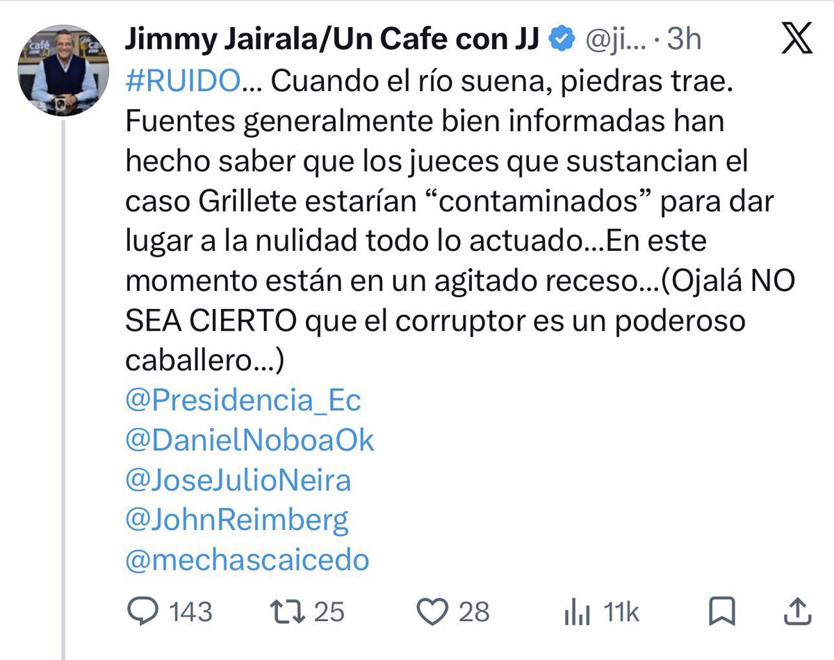 DrJulioCueva's tweet photo. LOS AUDIOS DE GRILLETE…

Uno de los partícipes del audio dice: “…Moscoso llama a decir que “no quieren tomar la decisión (de condenar)…”

Saben que pasó para forzarlos a “tomar la decisión”?

Le metieron presión en redes “filtrando una supuesta compra de jueces”….

Ahora el País sabe la verdad…..