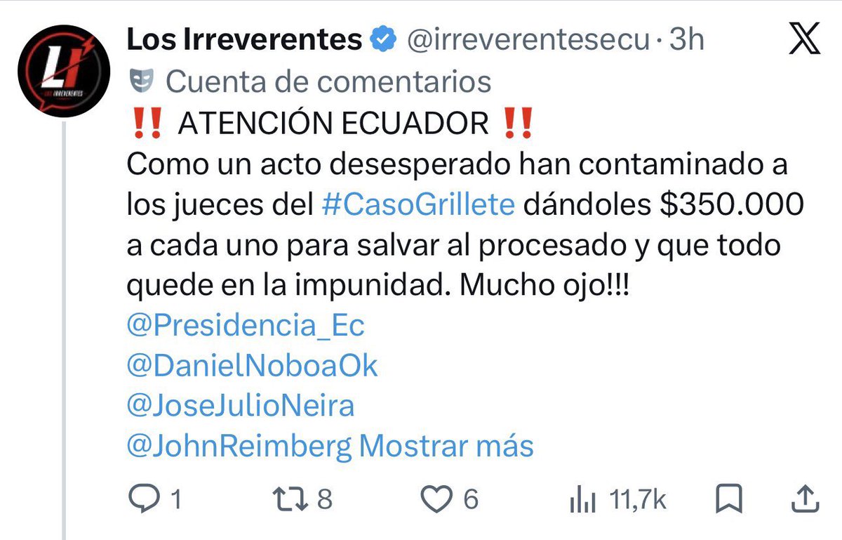 DrJulioCueva's tweet photo. LOS AUDIOS DE GRILLETE…

Uno de los partícipes del audio dice: “…Moscoso llama a decir que “no quieren tomar la decisión (de condenar)…”

Saben que pasó para forzarlos a “tomar la decisión”?

Le metieron presión en redes “filtrando una supuesta compra de jueces”….

Ahora el País sabe la verdad…..
