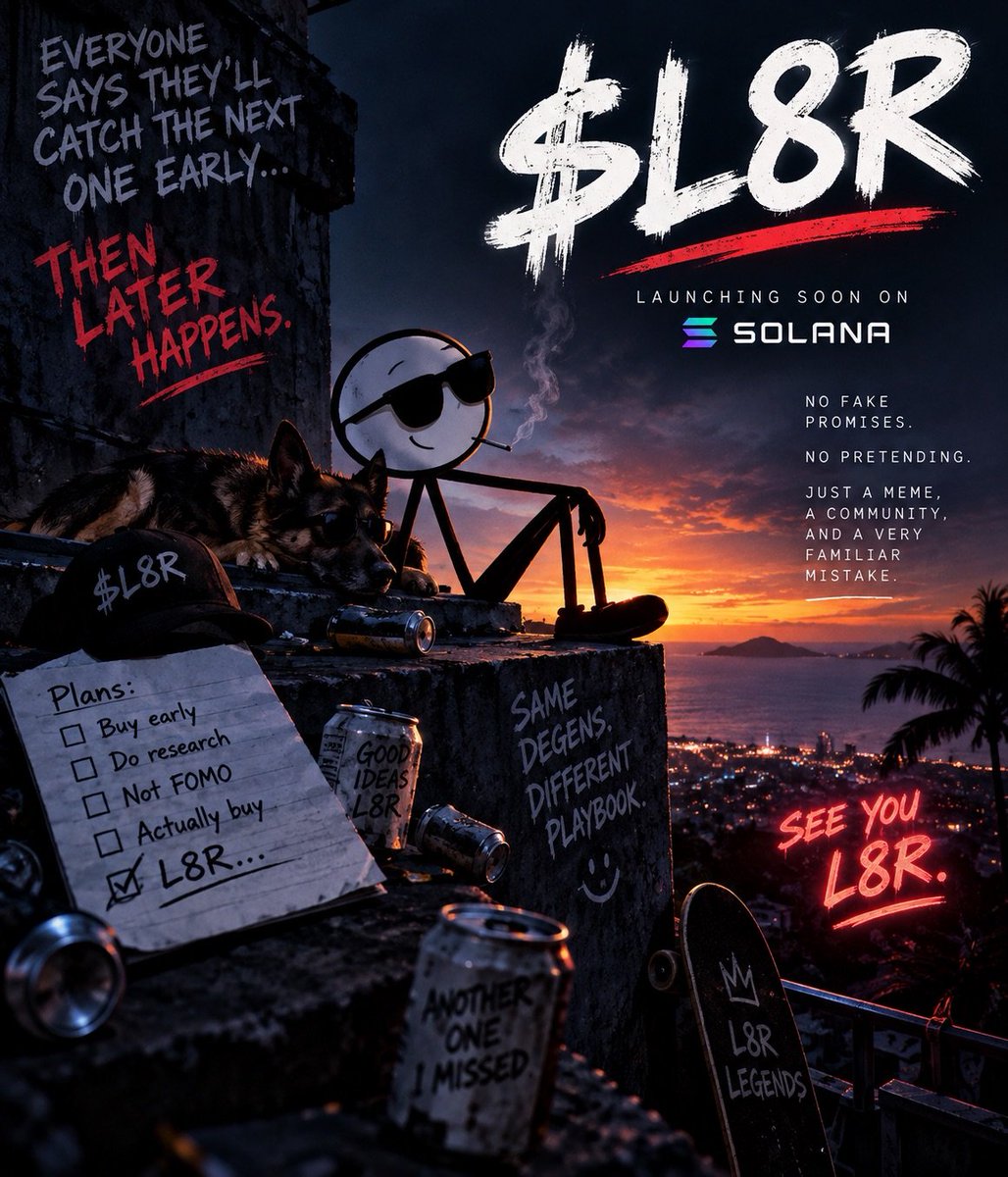 RobinHoodArmy_'s tweet photo. We got tired of watching the same story play out.
Fake hype. Fast exits. Another community left holding the bag.

$L8R was built by people who got sick of getting rugged.

No fake promises. No pretending.
Just a meme, a community, and a different playbook.

Soon on Solana. https://t.co/rE6w1AgKM1