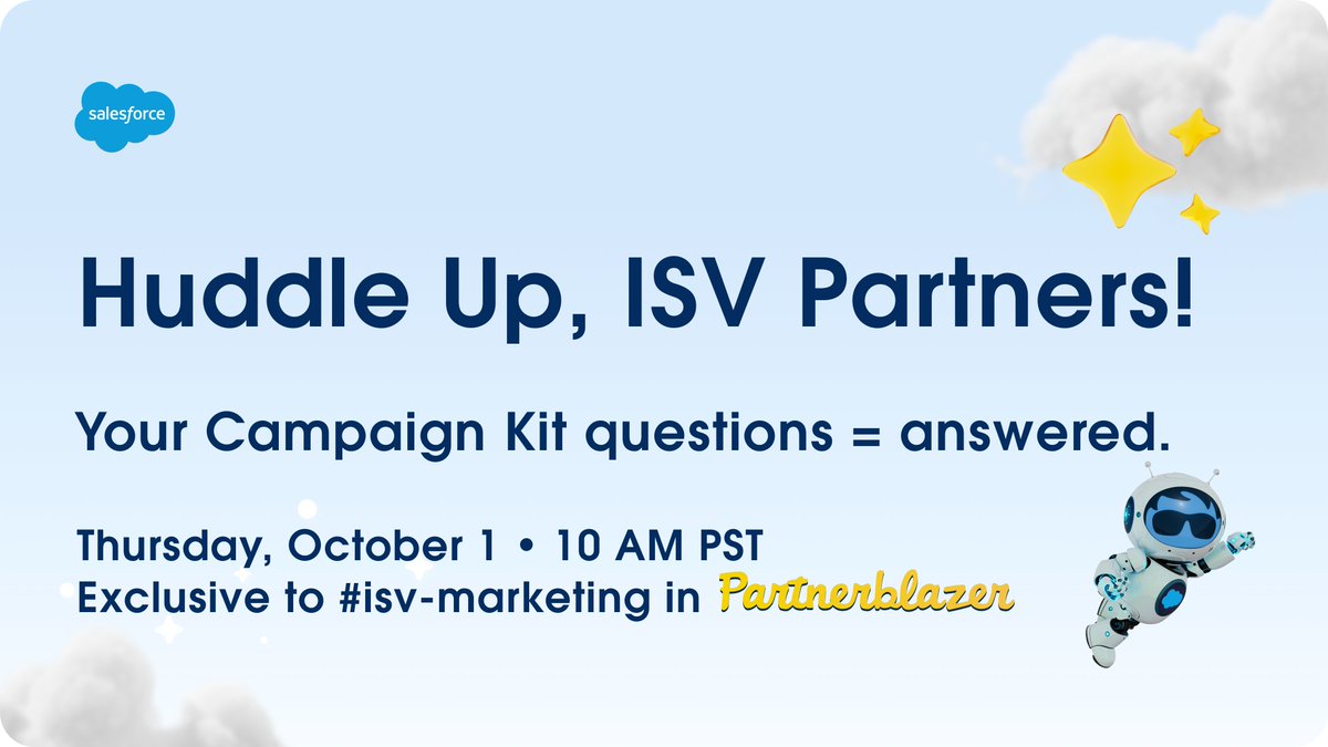 partnerforce's tweet photo. 🥁 Drum roll, please… Huddle Up is here! Our new #isvmarketing Huddle series kicks off this Thursday with James Kenna. 🎉

Join us for a live walkthrough of our turnkey, Salesforce-aligned campaign kits + Q&amp;A.

10 AM PT → https://t.co/7GjKRsnJ4J https://t.co/Mz4ERwXgV0