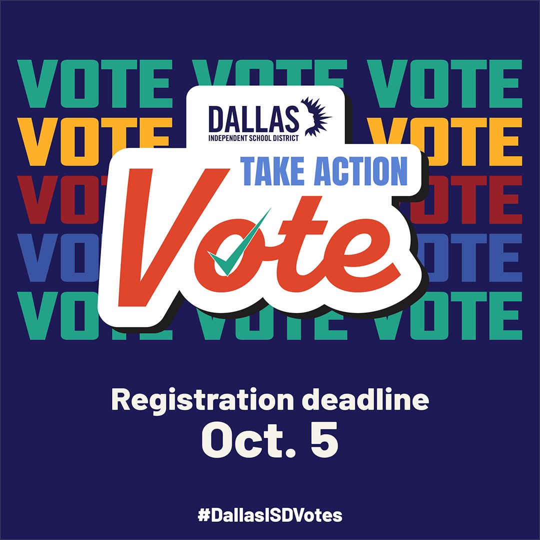 dallasschools's tweet photo. 🗳️ Election Day is almost here!

Make sure you’re registered to vote by Monday, Oct. 5.

Early voting begins Monday, Oct. 19 to Friday, Oct. 30.

Learn more below 
https://t.co/2aGoJ5Gqoj https://t.co/EMb6EG0JaQ