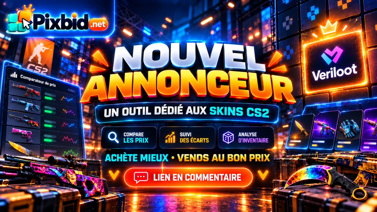 meli35601's tweet photo. 🔥 Nouvel annonceur sur Pixbid 

Cette fois, c’est un outil dédié aux skins Counter-Strike 2 qui rejoint la grille

Le principe : comparer les prix d’un même skin sur plusieurs marketplaces, voir le montant net après frais, suivre l’évolution des prix et même recevoir des alertes. 
Encore un univers complètement différent qui débarque sur Pixbid
Je vous le cite en commentaire