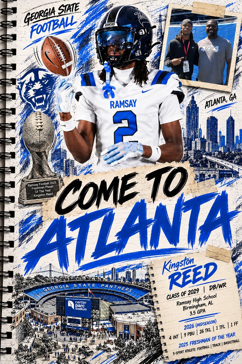 GSUPantherPulse's tweet photo. @plutokingston @CoachHenDo88 @ChadSimmons_ @RamsayFootball @ALLGASATHLETES @TomLoy247 @KingBee007 @jbwoodall271 Congrats on the well deserved offer! A big start to year 2. Freshman of the Year last fall, and now 4 picks and 9 PBUs by midseason. Doing it in the classroom too with a 3.5. Keep stacking it.
#LightItBlue #NewAtlanta #GSU https://t.co/FBQ3KKdrIp