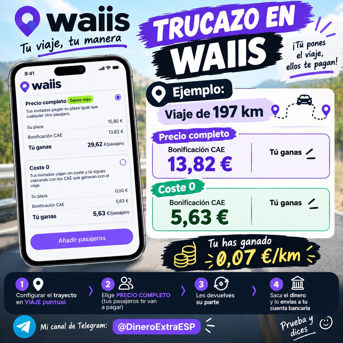 DineroExtraESP's tweet photo. 🚨TRUCAZO WAIIS 0,07€ EL KM GRATIS 🚨

Un mismo viaje de 197Km nos puede generar 13,82€ o 5,63€.

1⃣ Configurar el trayecto en VIAJE PUNTUAL

2⃣ Elige PRECIO COMPLETO (tus pasajeros te van a pagar)

3⃣ Les devuelves su parte

4⃣ Tú te quedas 13,82€ por pasajero

Compruébalo👇 https://t.co/KwjYfpbVuR