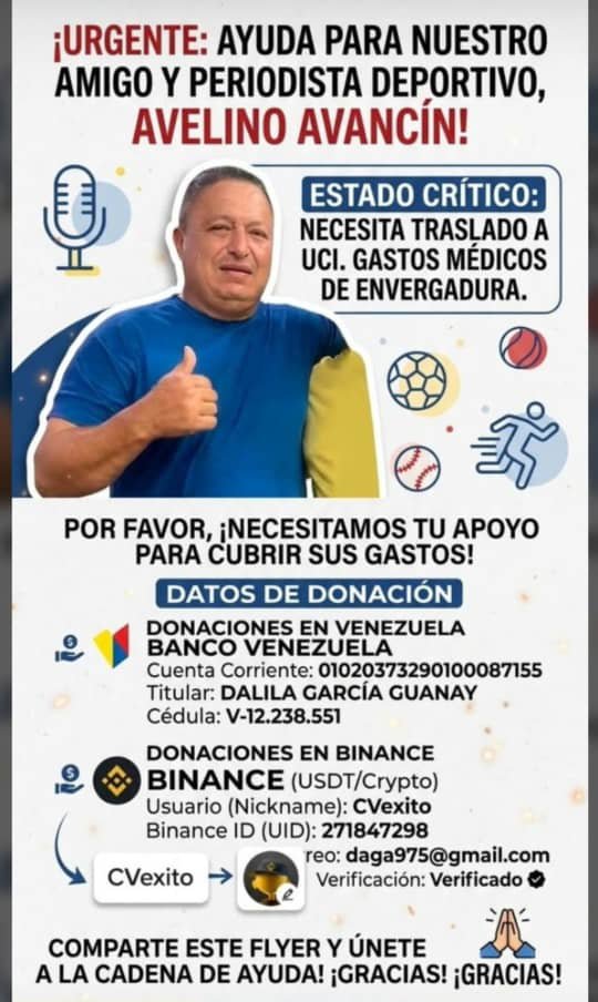Alconde's tweet photo. )
🚨 URGE el apoyo para trasladar al colega periodista Avelino Avancín a una Unidad de Cuidados Intensivos (UCI) desde el Hospital de Guanare. Agradecemos cualquier información, contacto médico o enlace institucional que pueda ayudar. Por favor RT. Contacto: 0412-054-6404 #29Sep https://t.co/xpp3QkRYs8