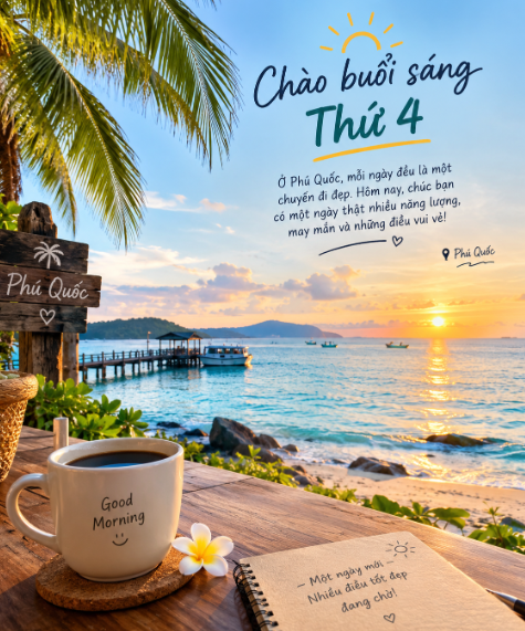 cngTrnngc1's tweet photo. 🌊☀️ Chào buổi sáng thứ 4 từ Phú Quốc!

Giữa tuần rồi, nạp chút vitamin biển, chút nắng vàng và thật nhiều năng lượng tích cực. 🌴☕
Chúc mọi người một ngày mới thật vui, công việc thuận lợi, mọi chuyện hanh thông và luôn giữ được nụ cười trên môi nhé! ❤️
Phú Quốc sáng nay bình yên quá… chỉ muốn ngồi đây thêm một chút thôi. 😊🌊