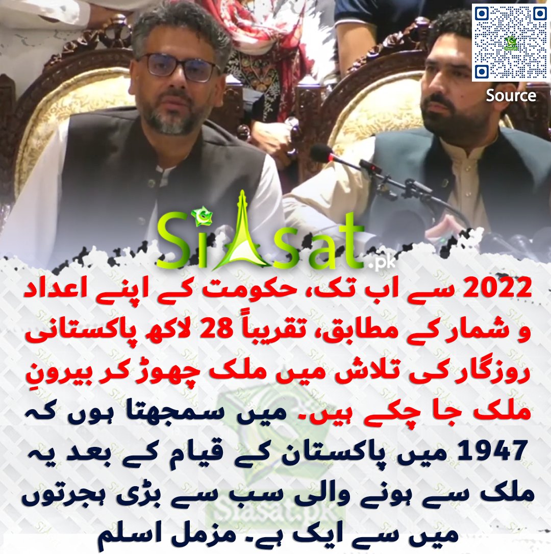 siasatpk's tweet photo. 2022 سے اب تک، حکومت کے اپنے اعداد و شمار کے مطابق، تقریباً 28 لاکھ پاکستانی روزگار کی تلاش میں ملک چھوڑ کر بیرونِ ملک جا چکے ہیں۔ میں سمجھتا ہوں کہ 1947 میں پاکستان کے قیام کے بعد یہ ملک سے ہونے والی سب سے بڑی ہجرتوں میں سے ایک ہے۔ مزمل اسلم

سورس جاننے کیلئے کیو آر کوڈ سکین کریں

#Pakistan 

@MuzzammilAslam3