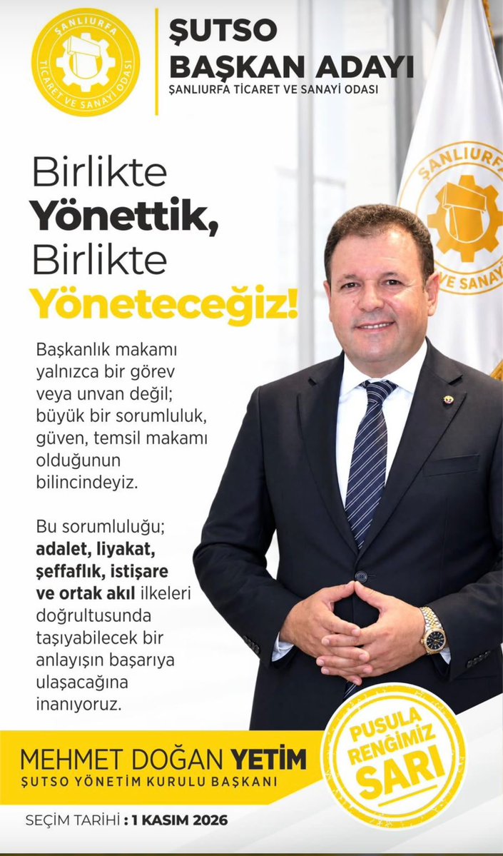 avmugurkorkmaz's tweet photo. Mehmet Doğan Yetim’i destekliyoruz; çünkü Şanlıurfa’nın iş dünyasını tanıyor, bu şehrin potansiyelini biliyor ve hizmetin devamı için sorumluluk alıyor. Şehrimiz için tecrübeye ve istikrara ihtiyaç var. 

Pusulamız sarı! 🟡

@mdoganyetim 
@ayetim03 https://t.co/LF0nTccJgT