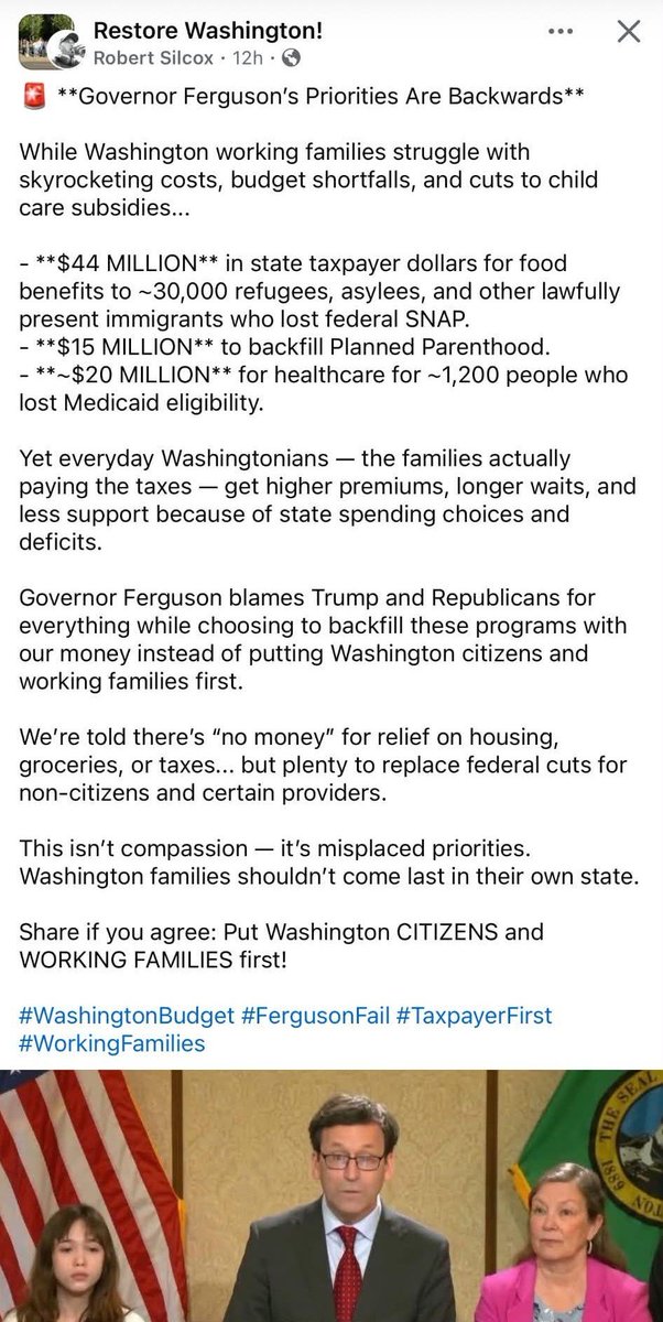 JimWalshLD19's tweet photo. 𝗧𝗿𝘂𝗲.
"𝗠𝗶𝘀𝗽𝗹𝗮𝗰𝗲𝗱 𝗽𝗿𝗶𝗼𝗿𝗶𝘁𝗶𝗲𝘀" is exactly right.
Ferguson & WA Democrats put illegal aliens ahead of Washington families and then scream "TrumpTrumpTrump!"
You can do something about it this fall.
Vote 𝗬𝗘𝗦, 𝗬𝗘𝗦, 𝗬𝗘𝗦 𝗼𝗻 𝘁𝗵𝗲 𝘀𝘁𝗮𝘁𝗲 𝗶𝗻𝗶𝘁𝗶𝗮𝘁𝗶𝘃𝗲𝘀.
Vote for 𝗘𝗱𝘄𝗮𝗿𝗱𝘀, 𝗦𝘁𝗲𝘃𝗲𝗻𝘀, 𝗢'𝗗𝗼𝗻𝗻𝗲𝗹𝗹, 𝗟𝗮𝗿𝘀𝗼𝗻 𝗮𝗻𝗱 𝗕𝗹𝗼𝗼𝗺 to the State Supreme Court. And vote Republicans to Congress and the State Legislature.
𝗟𝗲𝘁'𝘀 𝗙𝗶𝘅 𝗪𝗮𝘀𝗵𝗶𝗻𝗴𝘁𝗼𝗻!