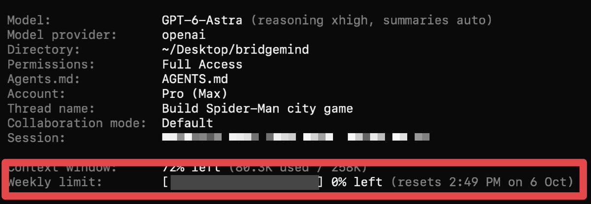 bridgemindai's tweet photo. I ran out of my entire weekly limit on the $500 ChatGPT Pro Max plan in under 30 minutes.

GPT 6 Astra Ultrafast. 

0% left until October 6.

OpenAI just scammed everybody. https://t.co/GP3vE0ypl6