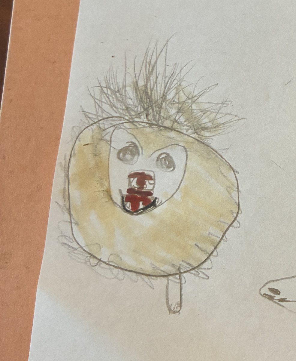 Lasher_Lane's tweet photo. My daughter rescued a Pom almost put down bc he didn't like to be petted. He's very sweet + comes to my door a lot, barking once for a treat. My daughter privately tutors a young girl and showed her the Pom's photo on her phone. After seeing it, the girl drew this great art: https://t.co/LaAWnNKwT4