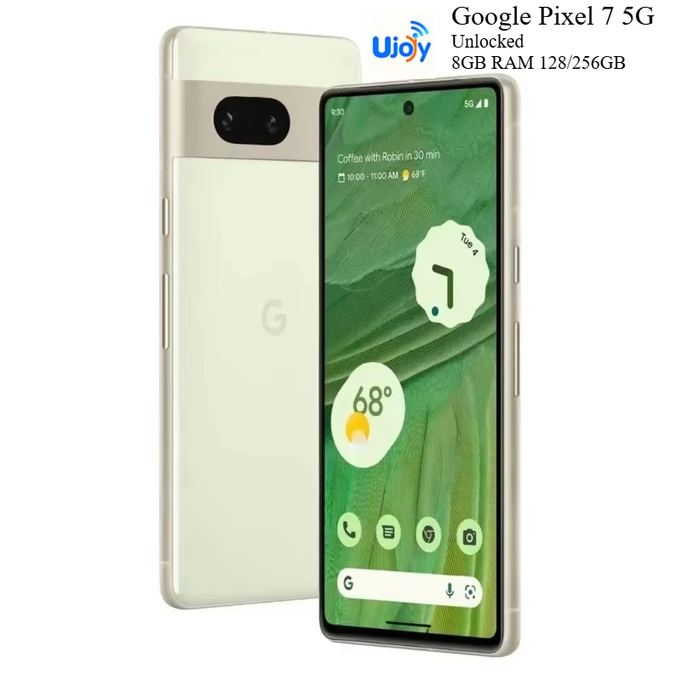 A product listing image for a 'Google Pixel 7 5G Unlocked' smartphone in a light green color, showing both the back with the camera bar and the front display featuring the date 'Tues 4'.
