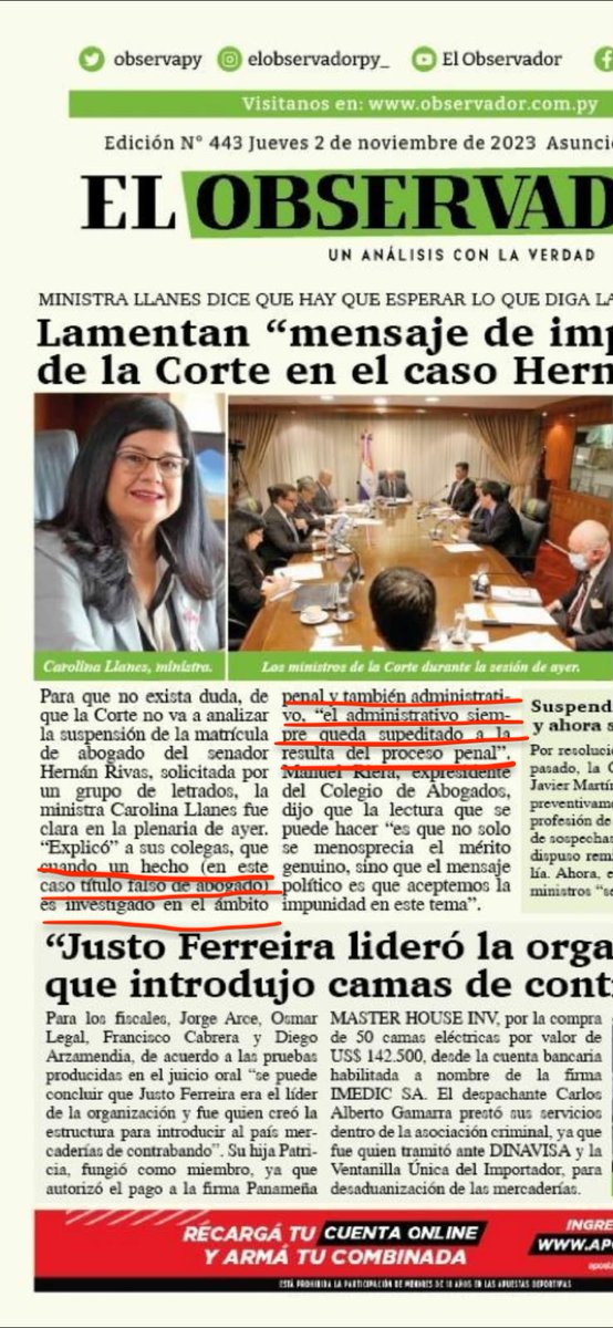 EFSantagada's tweet photo. Cuando estalló el escándalo del título falso de Rivas, en octubre de 2023, un grupo de abogados le pedimos a la Corte que investigara y que suspendiera cautelarmente en la matrícula a Rivas porque era un hecho notorio que este analfabeto funcional no era abogado.

Rápidamente, nos dijeron que como había una investigación penal en curso cualquier decisión administrativa quedaba supeditada a sus resultas. O sea, "hule".

Como el tema escaló con la imputación del "dotor Hernancito", la Corte se olvidó de esa excusa (o en términos más elegantes, "cambió de postura") y, finalmente, en septiembre de 2025, le suspendió cautelarmente la matrícula, sin esperar "a las resultas" de ese caso ("apenas" se lo había imputado).

Hoy, un senador volvió con la excusa del "emosido engañados" y dijo que debían pedir disculpas.

Bueno, con las disculpas no alcanza, porque su "torpeza" (más bien, sumisión a una orden de ya sabemos de quien) nos terminará costando plata a los contribuyentes. La ex jueza Tania Irún y los sucesores del ex fiscal Lohman tendrán que recibir sendas indemnizaciones del Estado. Les jodieron la vida. Los que hoy se golpean el pecho buscando el perdón del pueblo deberían terminar metiendo la mano en sus bolsillos y pagar esas indemnizaciones (Art. 106 de la Constitución).

Un presidente de la República que dijo que no tenía vergüenza de Rivas y que este era un "gran amigo". Un Senado que nombró y mantuvo a este burro en el JEM; y una Corte que no tuvo ni una pizca de audacia y dejó crecer el escándalo hablan de una institucionalidad que si no es fallida está cerca de serlo. En fin.