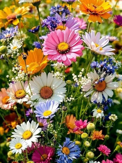 A vibrant garden filled with a colorful assortment of blooming wildflowers, including pink, white, orange, blue, and purple daisies and marigolds.