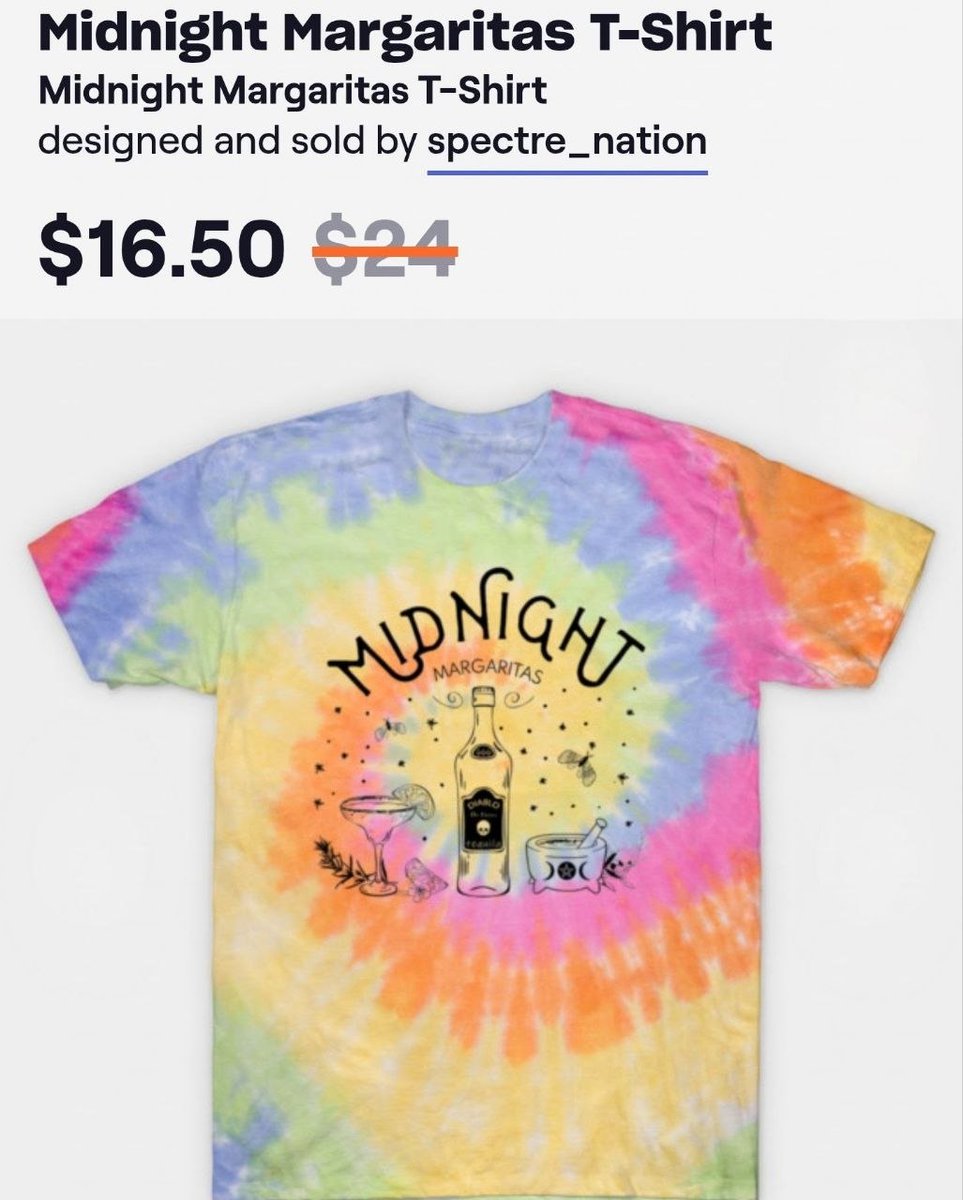SpectreNation1's tweet photo. Midnight Margaritas. 🍹

Spiral tie-dye, witchy cocktail art, and a sale price — $16.50 (normally $24) at the Spectre Nation shop.

Grab yours: https://t.co/EESOTgAIS1

#MidnightMargaritas #TieDye #TeePublic #SpectreNation #Merch https://t.co/rCiVdjRbhQ