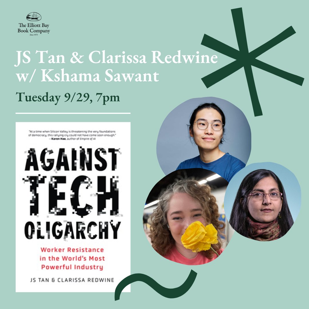 cmkshama's tweet photo. I will be speaking tonight alongside @ClarissaRedwine and @js_tan_ about their new book, Against Tech Oligarchy!

Tuesday, September 29th, 2026
7:00 PM - 8:30 PM
Elliott Bay Book Company
1521 10th Ave.
Seattle, WA 98122

RSVP: https://t.co/6N0d0gdFB3

We will talk about the strategy needed for tech worker organizing and for the labor movement, the antiwar movement, and the fight against the AI billionaires.