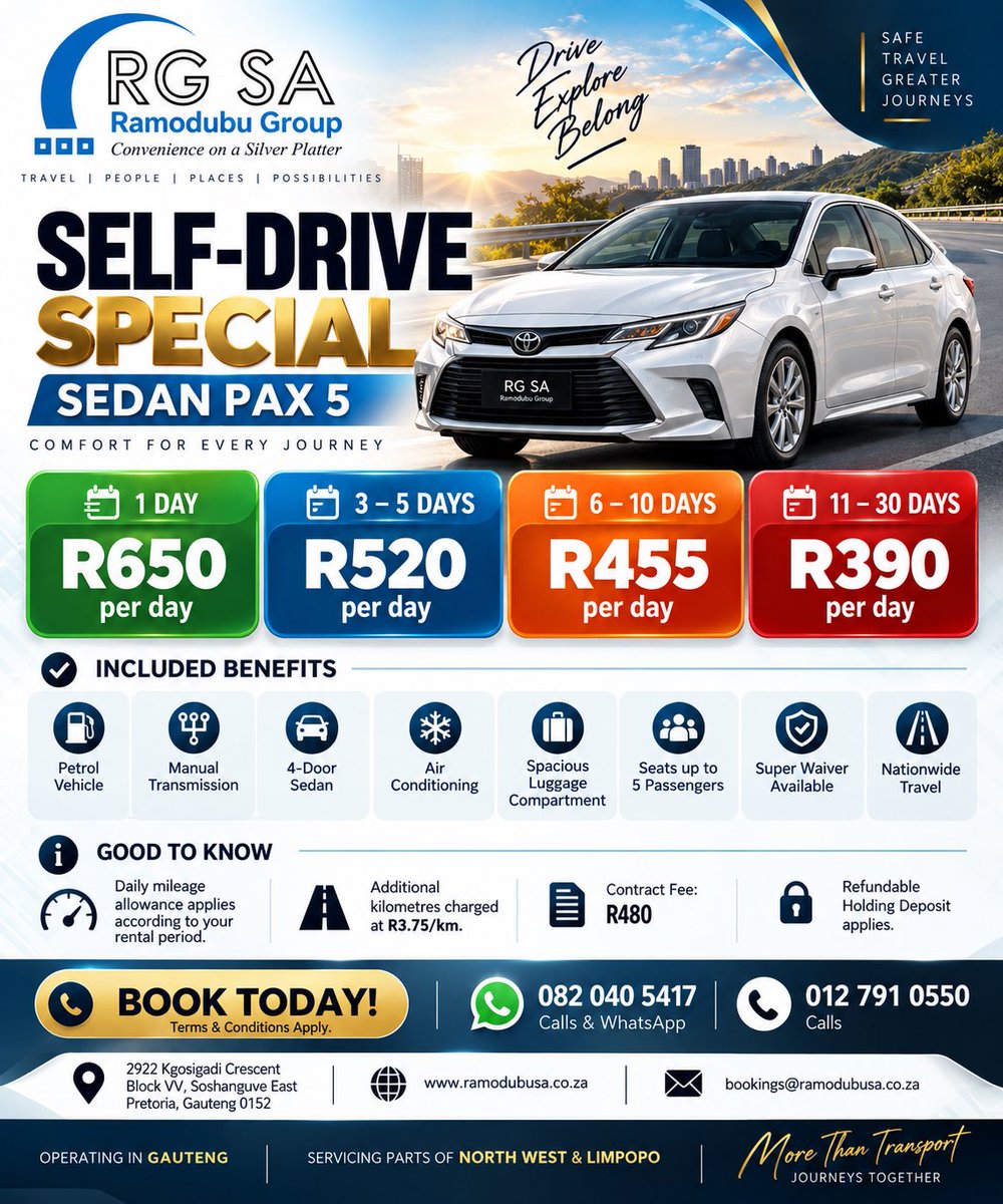 Ramodubu_SA's tweet photo. Rent a car with us. Call 0127910550 to finalise your booking. https://t.co/crQDgi641Y