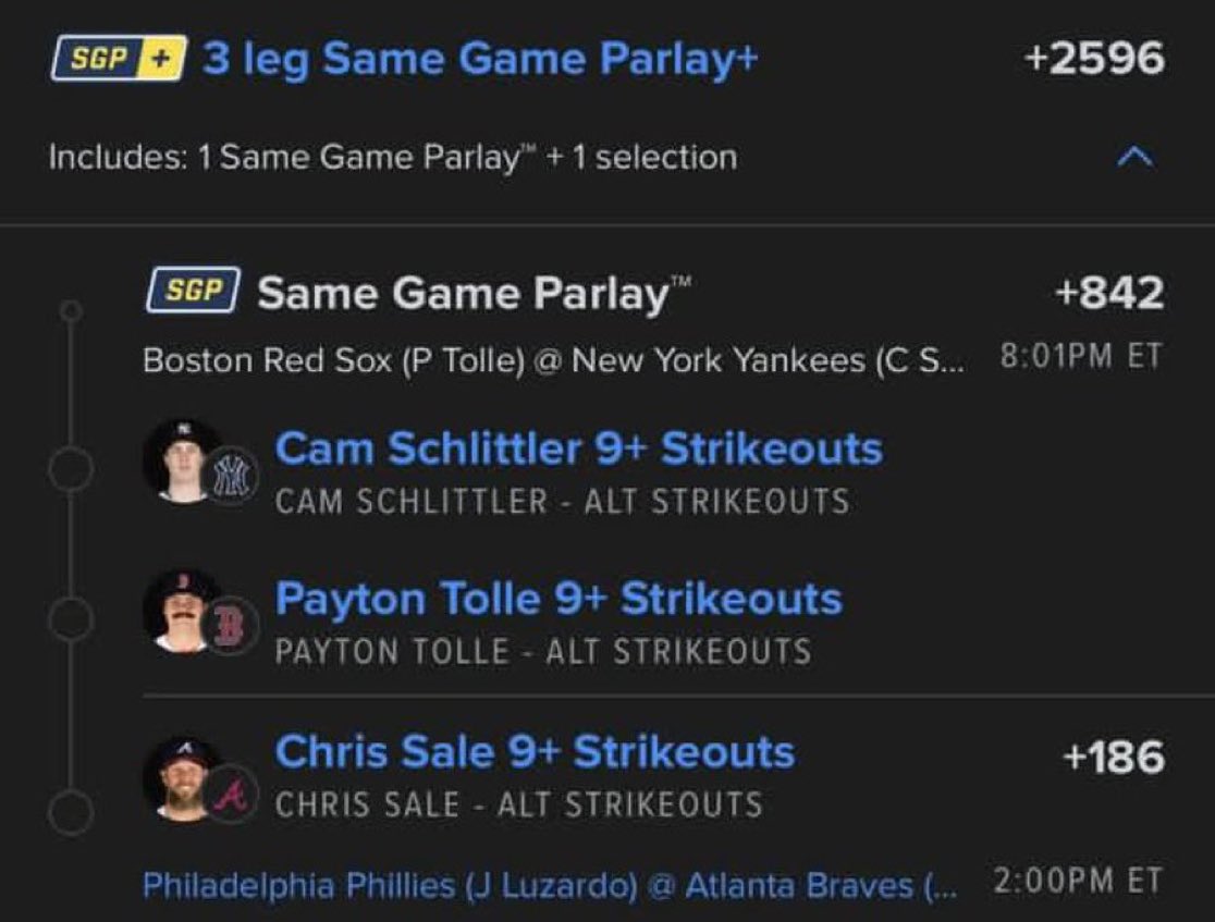 BigSoloWinpid's tweet photo. 🔥 3-LEG SAME GAME PARLAY+ 🔥

⚾ Cam Schlittler — 9+ Strikeouts
⚾ Payton Tolle — 9+ Strikeouts
⚾ Chris Sale — 9+ Strikeouts

💰 +2596

#MLB #MLBBets #Strikeouts #KProps #SportsBetting #Parlay #Baseball #MLBPicks

CLICK THE LINK BELOW TO JOIN MY FREE TELEGRAM GROUP FOR VIP BANG👇

https://t.co/PfUdadWRlm