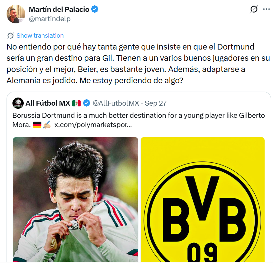 adtrrsgt's tweet photo. Ya lo de Martin es lamentable. No me sorprende que caiga en mamadas como la de Tezumo Miyuka si ni siquiera es capaz de buscar lo más básico antes de hablar y ya van varias .

Primero esto del Dortmund con Beier que claramente se lo sacó del Sofascore por que toda la gente del Dortmund se lo esta pendejeando en los citados. 

Así como estaba dando datos incorrectos de Campillo y sus convocatorias con selección nacional y cuando regresó a Chivas. 

Sin mencionar su artículo tirándole a los "superanalistas" donde precisamente de lo que se queja es que usen las estadísticas fuera de contexto cuando bueno, el wey acaba de agarrar el Sofascore para sacar datos fuera de contexto de Beier.

Justo en ese tweet de Campillo, Majo, Quique Noriega y Pepe del Bosque le respondieron muy amablemente que Campillo si era muy bueno sin balón y Martin convenientemente ignoró que Diego venía de una lesión y fue en el cierre del torneo donde despuntó  que el mismo DT se condicionó a si mismo a no llamar a jugadores de Liga MX que rindieran muy bien en Liguilla, por que si no quedaba como idiota con el tema de su concentración. Pero si criticamos al DT nacional no sabemos nada.

Y ahora, usar un solo clip de Israel Reyes en un amistoso, para demeritar la "salida de balón" cuando en el anterior amistoso con Montes de titular, Colombia le metió 4 a México.

También la obsesión tiene este wey por jugadores altos pero sin habilidad con balón, y desde que se equivocó por completo con Erik Lira vs Edson Álvarez y quien iba a ser titular en el Mundial, y el rendimiento del Piojo Alvarado en el Mundial, de ahí en especial ha sido una mala opinión tras otra.