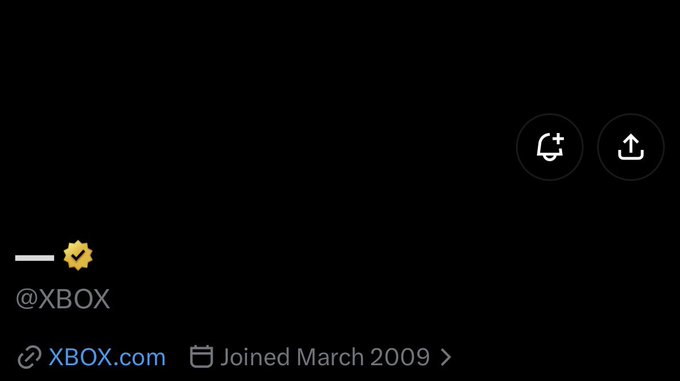 An Xbox profile card displays the handle "@XBOX" with a verified checkmark, linking to XBOX.com, and showing a "Joined March 2009" date. The image supports the caption's teasing tone by suggesting Xbox's long-standing account has been muted or restricted, with no visible content or posts displayed alongside the visible restriction icons (a comment with a plus sign and an upload arrow).