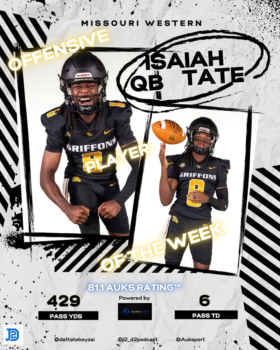 J2_D2podcast's tweet photo. 🚨 J2 D2 PLAYERS OF THE WEEK 🚨

🏈 OFFENSE: Isaiah Tate, QB, Missouri Western
429 PASS YDS | 6 PASS TD

🛡️ DEFENSE: Beau Giblin, LB, Sioux Falls
9 TKL | 2 INT | 1 FF

⚡ SPECIAL TEAMS: Jevon Young, DB, Western Colorado
3 BLOCKED PUNTS | 1 BLOCKED PUNT TD

Powered by @AuksPort https://t.co/yAdmSYeXXy