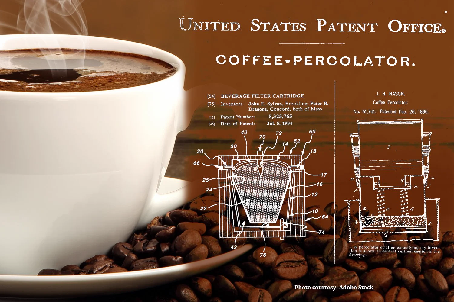 Graphic of a cup of coffee and coffee beans, Coffee-Percolator patent model. 