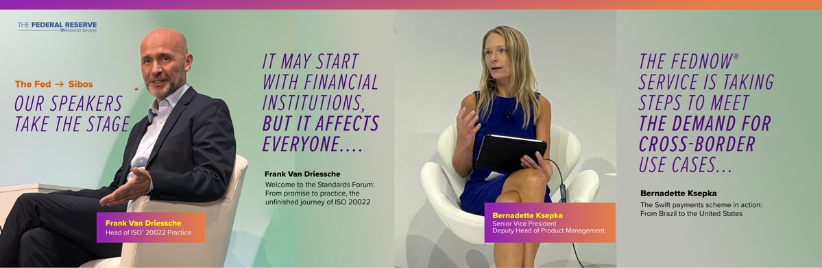 FRBservices's tweet photo. On day one of #Sibos2026, Frank Van Driessche and Bernadette Ksepka delivered ideas on the benefits of ISO® 20022 and the FedNow® Service. Here are the takeaways:
 
• ISO® 20022 ⇨ It may start with financial institutions, but it affects everyone. Better remittance information and improved payment reconciliation can help institutions serve their customers more efficiently, both consumers and businesses.
• Subject to regulatory approval, the FedNow® Service is taking steps to meet the demand for cross-border use cases, to better serve globally active customers. This domestic instant payment foundation helps enhance the overall customer experience by ensuring immediate funds availability on the U.S. leg of transactions.