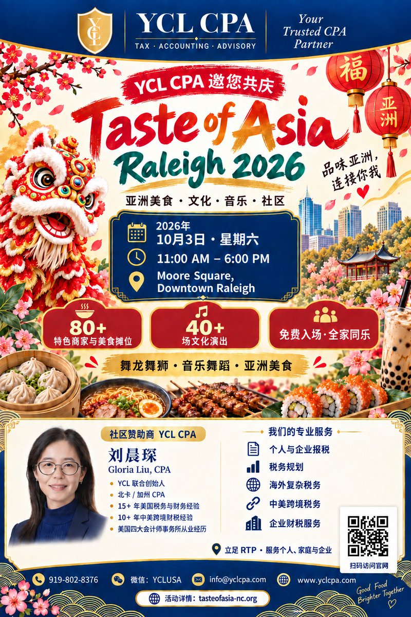 YCLcpa's tweet photo. 美食相聚，文化相连！2026年10月3日（星期六）上午11点至下午6点，Taste of Asia Raleigh 2026 将在 Raleigh 市中心 Moore Square 举行。80+ 家特色商家与美食摊位、40+ 场文化演出，免费入场，欢迎带上家人朋友，共享亚洲美食与文化。YCL CPA 很高兴作为社区赞助商支持这场盛会。Gloria Liu, CPA 与团队立足 RTP，为个人、家庭与企业提供个人与企业报税、税务规划、海外复杂税务、中美跨境税务及企业财税服务。一起品味亚洲，连接社区！了解我们：https://t.co/7v3N5yMNYv
Good food brings us together. Culture connects us. Celebrate Taste of Asia Raleigh 2026 on Saturday, October 3, from 11 AM to 6 PM at Moore Square in downtown Raleigh! Explore 80+ vendors and food stalls and enjoy 40+ cultural performances. Admission is free, and everyone is welcome—bring your family and friends! YCL CPA is pleased to support this celebration as a community sponsor. Based in RTP, Gloria Liu, CPA and the YCL team serve individuals, families, and businesses through individual and business tax preparation, tax planning, complex international tax matters, U.S.–China cross-border tax, and business tax and accounting services. Discover the flavors of Asia and celebrate our community! Learn more: https://t.co/7v3N5yMNYv