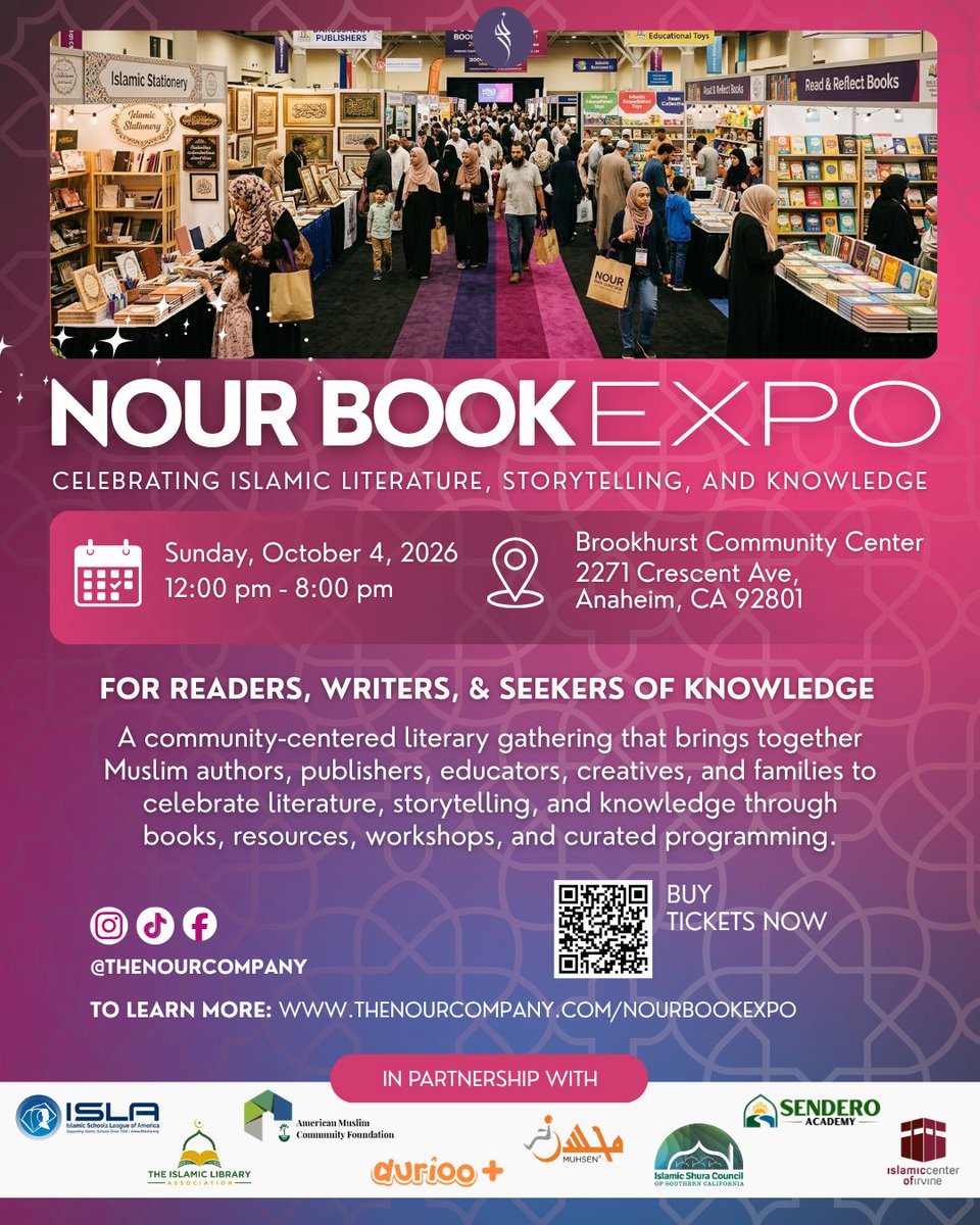 AMuslimCF's tweet photo. 📚 SoCal, get ready for a day of books, stories, creativity &amp; community!

🎟️ Grab your tickets: https://t.co/epTgyrtpfQ

#NourBookExpo #AMCF #TheNourCompany #IslamicCenterOfIrvine #MUHSEN #SenderoAcademy #IslamicLibraryAssociation  #MuslimCommunity https://t.co/XbEY0QDHEl