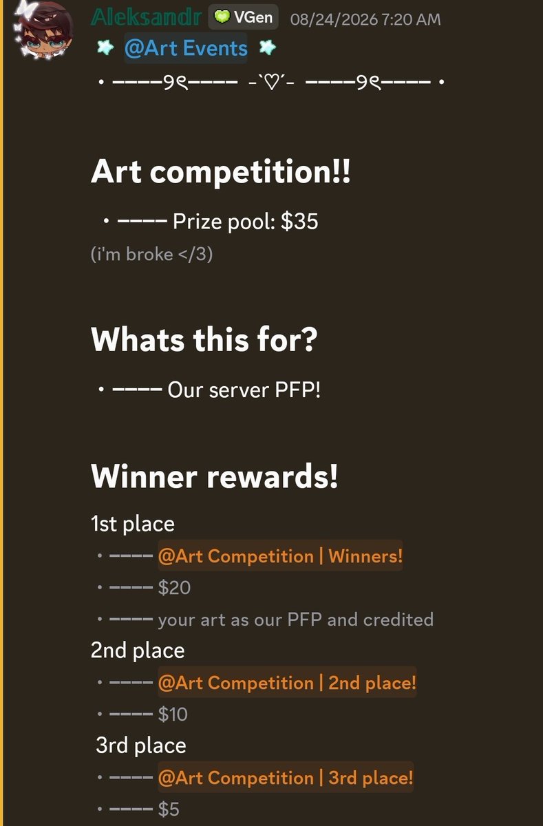 thatMystery_'s tweet photo. I do have an art comp! Gor my discord art server: https://t.co/egMwHS1Q2M
Deadline: Christmas (Dec 25th, review will be dec 26th)
Characters will be posed in a thread below all info in images 
PRICES MIGHT BE RAISED https://t.co/QefjvPZ2Qd