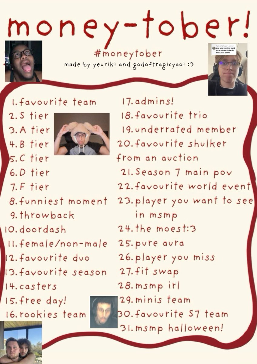 Godoftragicyaoi's tweet photo. Hai fans of moneySMP 

me and @yeuriki_ came up with moneytober

dont feel pressured to make something every single day ofc and use #moneytober so everyone can see ur creations!! (Its also not limited to just art! It includes edits, moodboards and anything creative!) HAVE FUN! https://t.co/rBvaCXE6cN
