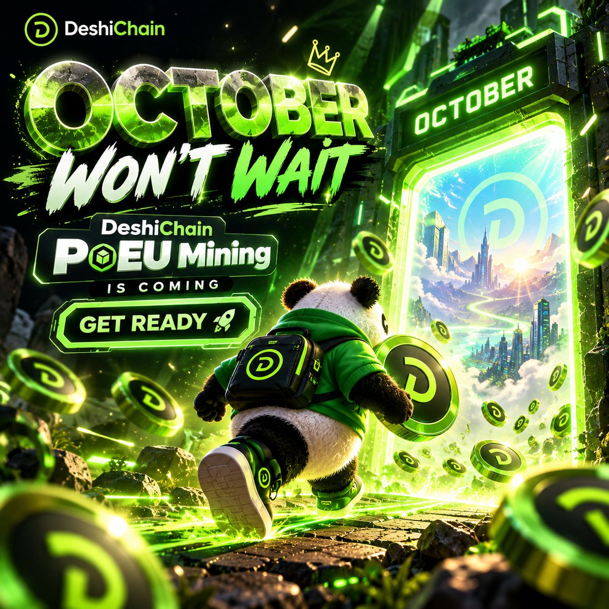 DeshiChainOrg's tweet photo. 🚨October won't wait. Neither should you.🔥

The next chapter of the DeshiChain ecosystem is getting closer.

🚨 PoEU (Proof of Ecosystem Usage) Mining is returning this October with a new way to earn through real ecosystem participation.

We know many of you have been waiting for this moment. Mining has been paused since July 28, and during this time we've received countless messages from our community across the world asking when it will return.

🙏 Thank you for your patience, and we're sorry for the long wait.

🔥As a thank you to our active community, users who stay active during the October launch period will be eligible for an extra 1000 H/s mining power bonus.🎁

💸At the current rate, that's equivalent to approximately 10 $DESHI per day (subject to halving adjustments).

Early adopters will be the first to explore what's coming next.

🌐 The wait is almost over.

Are you ready?

#DeshiChain #PoEU #DeshiCoin #Mining #Web3 #Blockchain #Crypto #October #GetReady #MiningReturns #BuiltInBangladesh