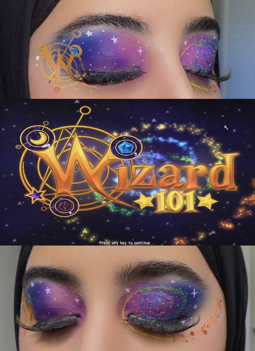 monablah_'s tweet photo. Forgot to send this here, but I ended up doing a fun makeup look for the #AmbroseBirthday2026 and have had an idea of doing the wiz101 loading screen for an eye look 🌌✨💜💙💛 #wizard101 https://t.co/22O2VzJETL