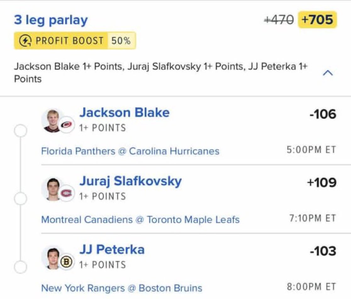 BigSoloWinpid's tweet photo. 🏒 3-LEG NHL PARLAY 🏒

🔥 Jackson Blake — 1+ Point
🔥 Juraj Slafkovsky — 1+ Point
🔥 JJ Peterka — 1+ Point

💰 +705
⚡ 50% Profit Boost

#NHL #NHLBets #Hockey #SportsBetting #Parlay #NHLPicks #HockeyPicks #Betting

CLICK THE LINK BELOW TO JOIN MY FREE TELEGRAM GROUP FOR VIP BANG👇

https://t.co/PfUdadWRlm